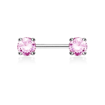 316L Surgical Steel Prong Double Round Pink CZ Nipple Ring Barbell