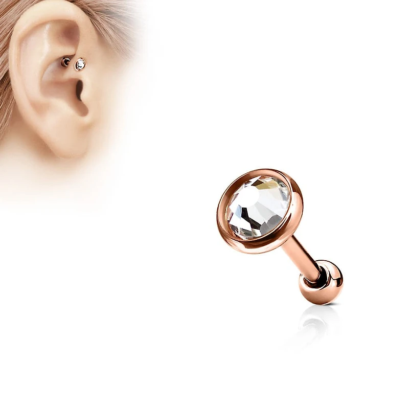 Surgical Steel Rose Gold IP White Gem Disk Ear Cartilage Barbell