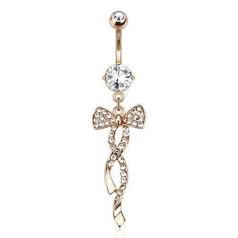 Surgical Steel Rose Gold Plated Dangling Gemmed Swirl Ribbon Belly Button Navel Ring