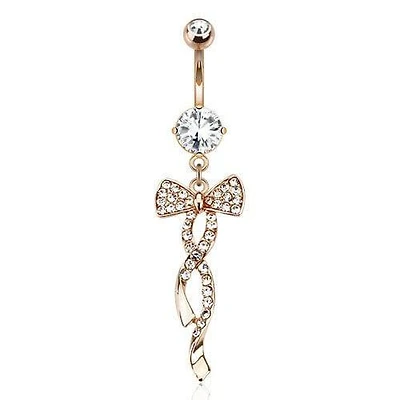 Surgical Steel Rose Gold Plated Dangling Gemmed Swirl Ribbon Belly Button Navel Ring