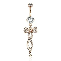 Surgical Steel Rose Gold Plated Dangling Gemmed Swirl Ribbon Belly Button Navel Ring