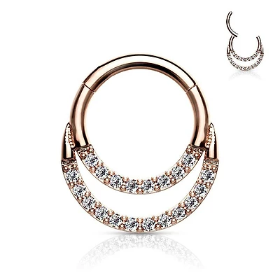 Surgical Steel Rose Gold PVD Double Line White CZ Hinged Easy Click Septum Ring