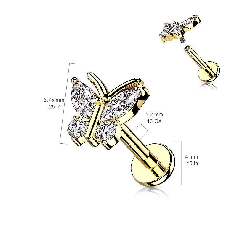 Surgical Steel Rose Gold PVD Internally Threaded White CZ Gem Butterfly Flat Back Labret