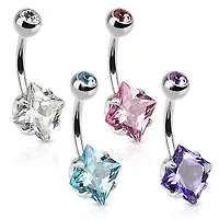 Surgical Steel Square CZ Gem Prong Stone Belly Button Navel Ring Bar