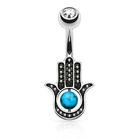 Surgical Steel Turquoise Palm Hamsa Hand of Fatima Belly Button Navel Ring
