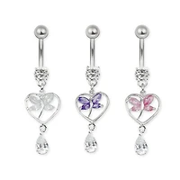 Surgical Steel White CZ Gem Crystal Butterfly Heart Dangle Belly Button Navel Ring