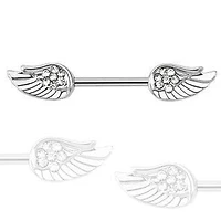 Surgical Steel White Flower with Full Angel Wings CZ Nipple Ring Barbell