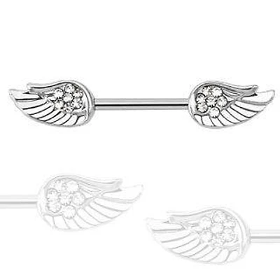 Surgical Steel White Flower with Full Angel Wings CZ Nipple Ring Barbell