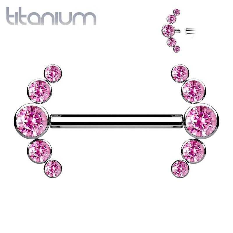 Implant Grade Titanium Internally Threaded Pink 5 Bezel CZ Gem Nipple Ring