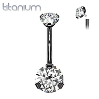 Implant Grade Titanium Internally Threaded Black PVD White CZ Prong Belly Button Navel Ring