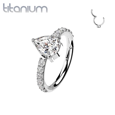 Implant Grade Titanium White CZ With Pear Shaped Center Hinged Clicker Hoop