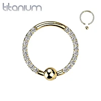 Implant Grade Titanium Gold PVD Front Facing White CZ Pave CBR Hoop Ring