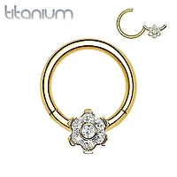 Implant Grade Titanium Gold PVD White CZ Gem Flower Hinged Clicker Hoop