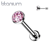 Implant Grade Titanium Threadless Push In Tragus/Cartilage Flat Back Bezel Light Baby Pink CZ With Flat Back
