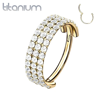 Implant Grade Titanium Gold PVD Triple Row White CZ Pave Hinged Clicker Hoop
