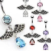 Wings with Teardrop Dangle Surgical Steel Belly Button Navel Ring