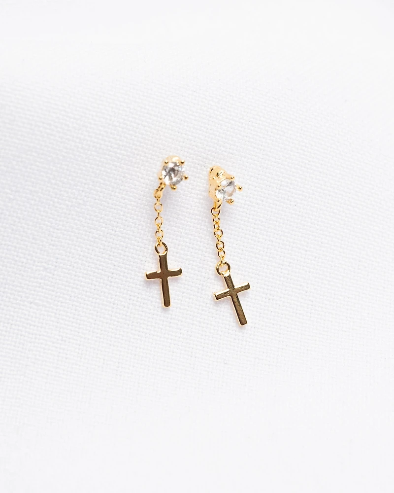 18K Plated Dangling Cross Post Earrings