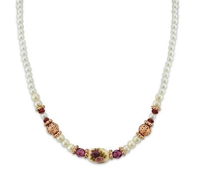 2028 Rose Gold-Tone Simulated Pearl Purple Crystal Flower Beaded Necklace 15" Adjustable