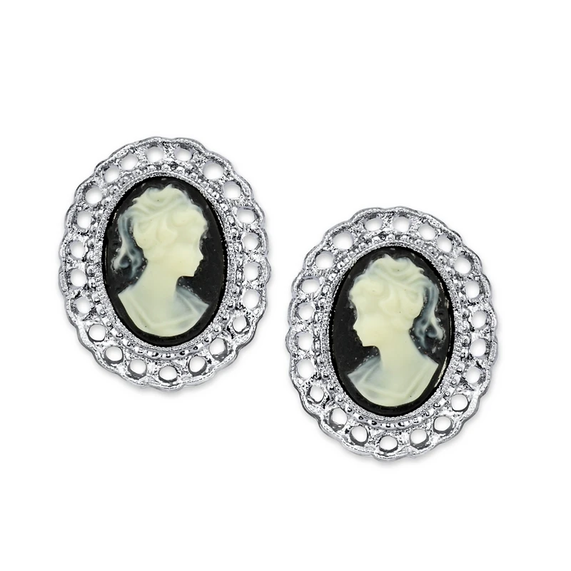 2028 Silver-Tone Black Cameo Oval Filigree Clip Button Earrings