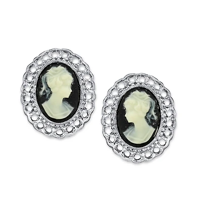 2028 Silver-Tone Black Cameo Oval Filigree Clip Button Earrings