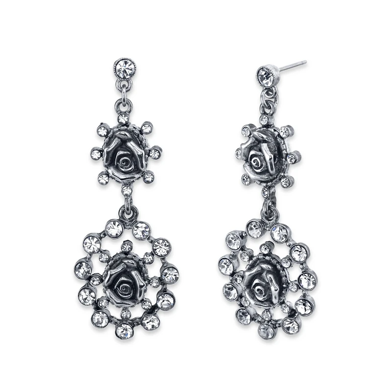 2028 Silver-Tone Crystal Flower Double Drop Earrings