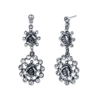 2028 Silver-Tone Crystal Flower Double Drop Earrings