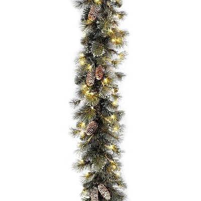 National Tree Company 9' x 10" Glitter Pine Garland with Cones, Snowflakes and 100 Clear Lights