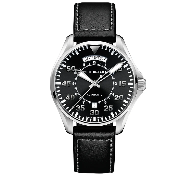 Hamilton Men's Swiss Automatic Khaki Pilot Black Leather Strap Watch 42mm
