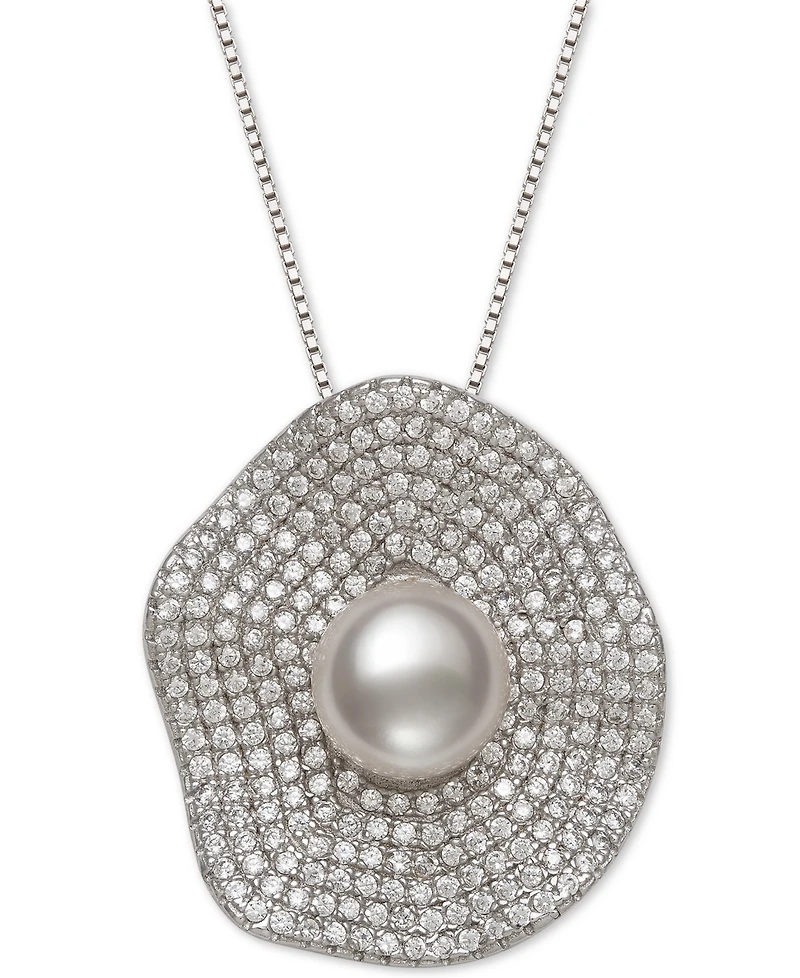 Belle de Mer Cultured Freshwater Pearl (8mm) & Cubic Zirconia 18" Pendant Necklace in Sterling Silver