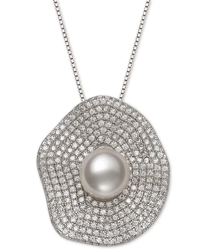 Belle de Mer Cultured Freshwater Pearl (8mm) & Cubic Zirconia 18" Pendant Necklace in Sterling Silver