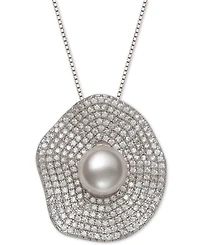 Belle de Mer Cultured Freshwater Pearl (8mm) & Cubic Zirconia 18" Pendant Necklace in Sterling Silver