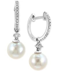 Effy Cultured Freshwater Pearl (7mm) & Diamond (1/6 ct. t.w.) Hoop Drop Earrings in 14k White Gold