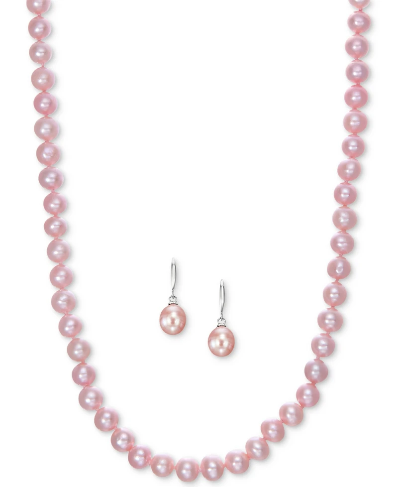 Cultured Freshwater Pearl Necklace (7-7 1/2mm) and Drop Earrings (7x9mm) Set Sterling Silver
