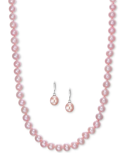 Cultured Freshwater Pearl Necklace (7-7 1/2mm) and Drop Earrings (7x9mm) Set Sterling Silver