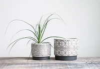 Various Round Decorative Stoneware Planters with Geometric Lines, Brown and White, Set of 2