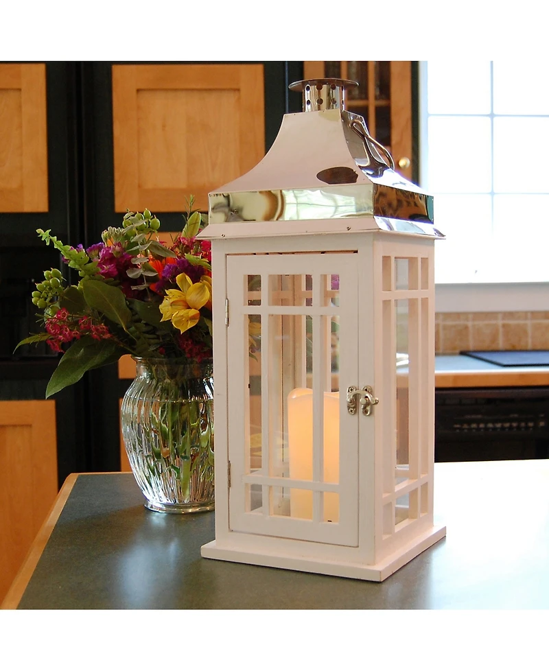 Lumabase White Wooden Lantern with Chrome Roof and Led Candle