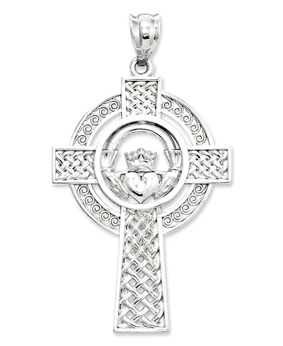 14k White Gold Charm, Celtic Claddagh Cross Charm