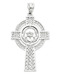 14k White Gold Charm, Celtic Claddagh Cross Charm