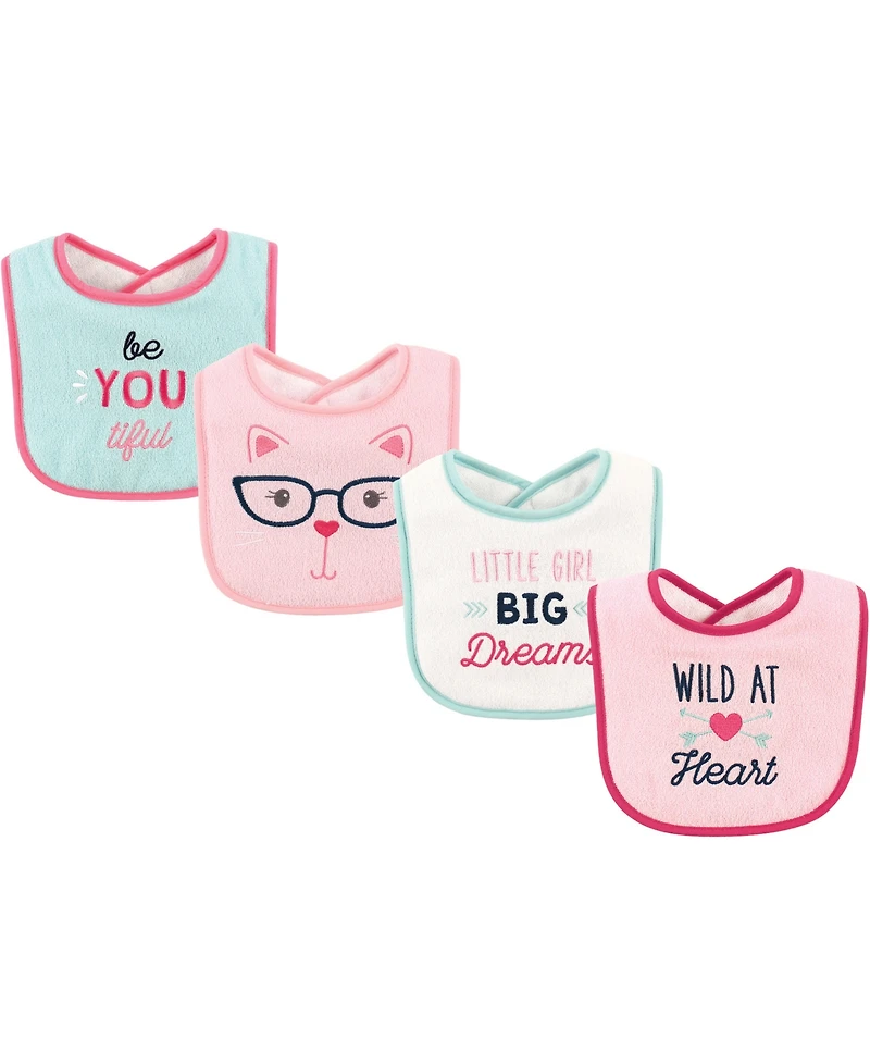 Luvable Friends Baby Girl Cotton Drooler Bibs with Fiber Filling 4pk, Selfie, One Size