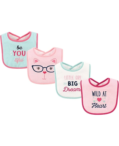 Luvable Friends Baby Girl Cotton Drooler Bibs with Fiber Filling 4pk, Selfie, One Size