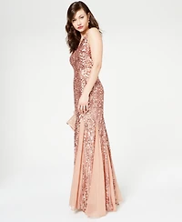 R&M Richards Petite Sleeveless Pleated Sequin Embellished Gown