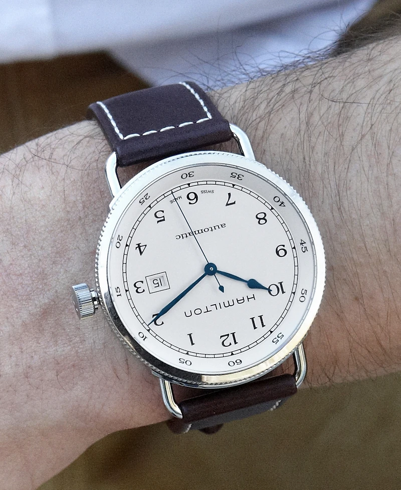 Hamilton Men's Swiss Automatic Khaki Navy Pioneer Brown Leather Strap Watch 43mm H77715553