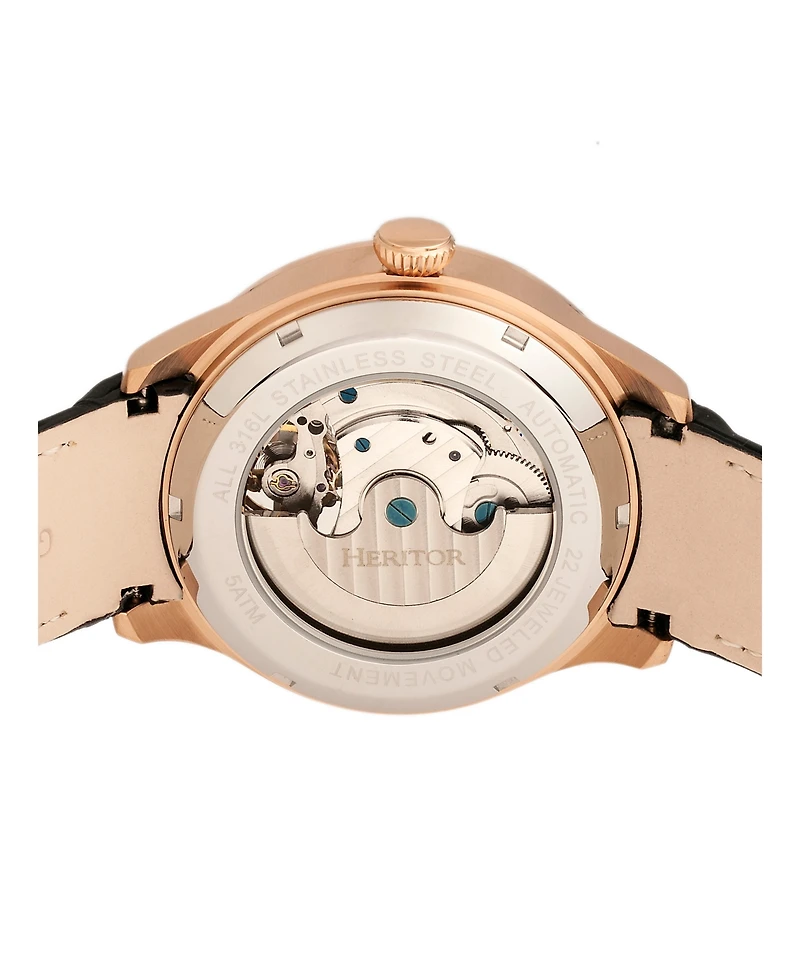 Heritor Automatic Gregory Rose Gold Case, Genuine Black Leather Watch 45mm