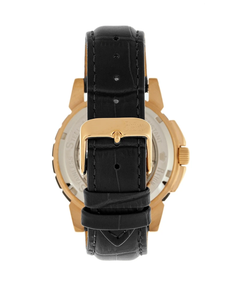 Reign Philippe Automatic Rose Gold Case, Black Dial, Genuine Black Leather Watch 41mm