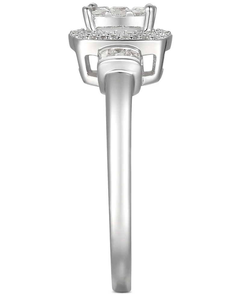 Cubic Zirconia Square Cluster Halo Ring Sterling Silver