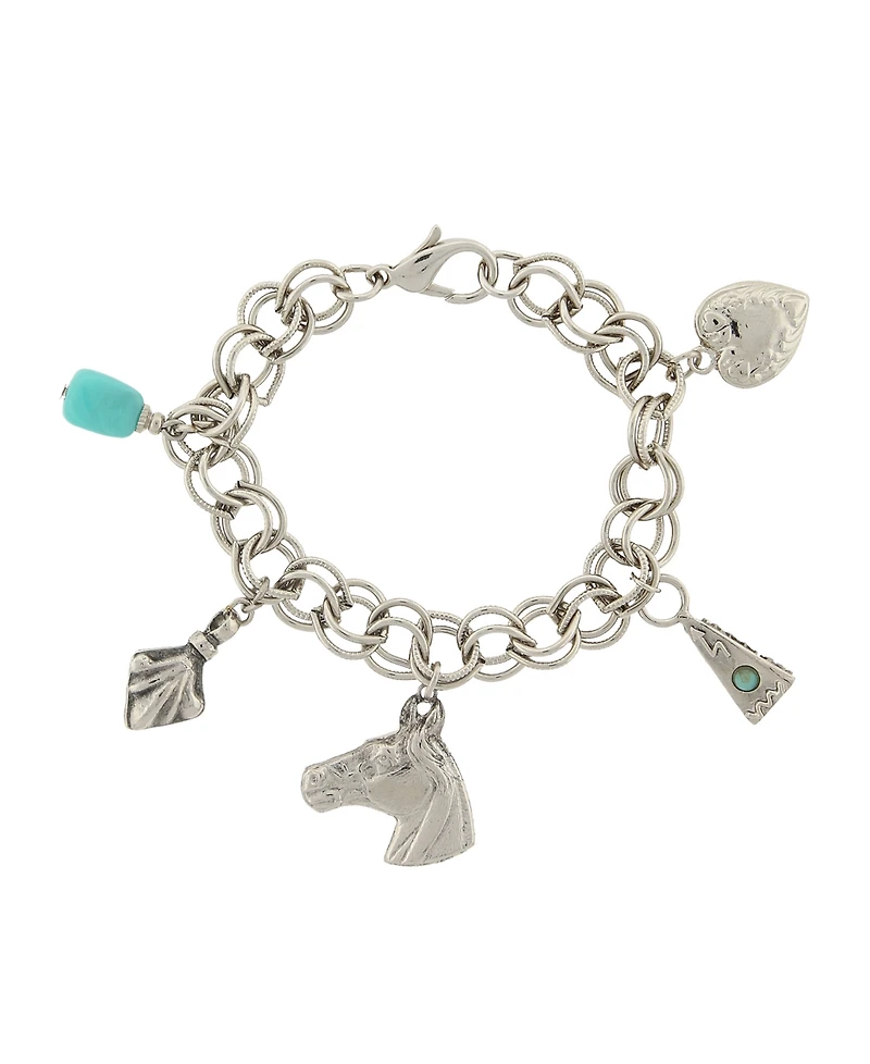 2028 Silver-Tone Turquoise Color Accents and Multi-Charm Bracelet