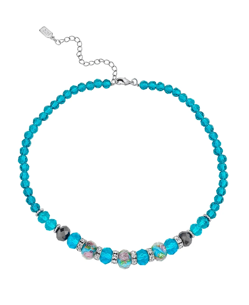 2028 Silver Tone Aqua Pink Floral Beaded Necklace 15" Adjustable