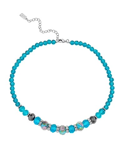2028 Silver Tone Aqua Pink Floral Beaded Necklace 15" Adjustable