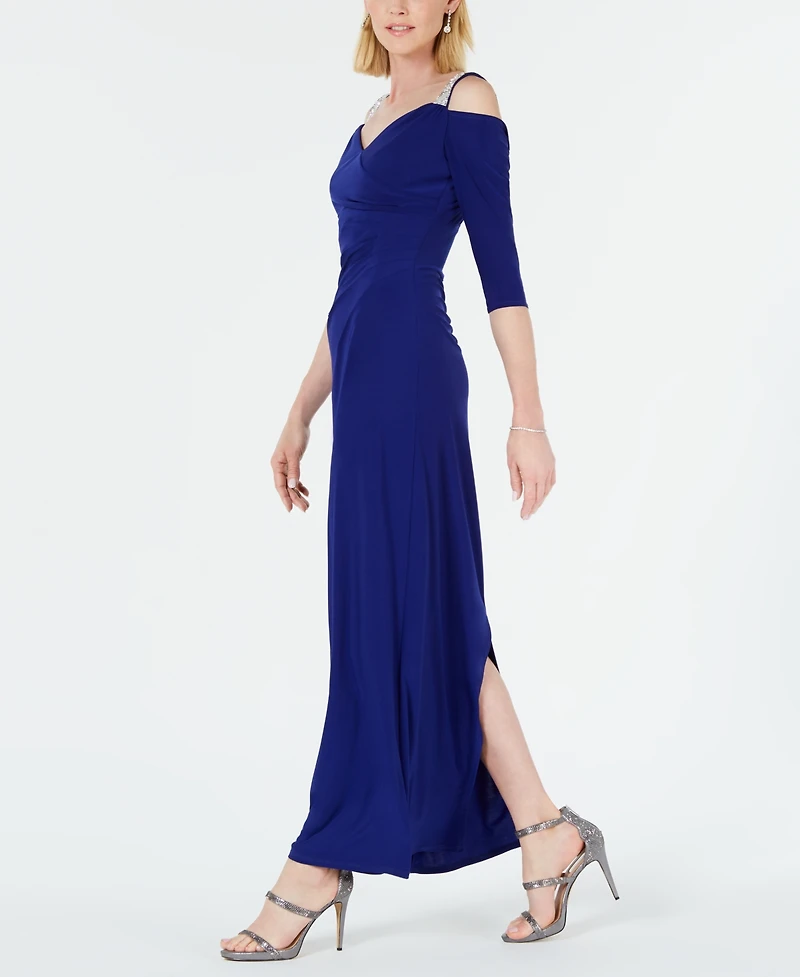 R & M Richards Embellished Cold-Shoulder Gown