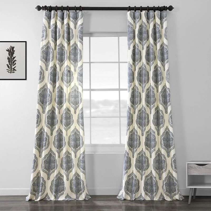 Half Price Drapes Arabesque Blue Emblem Printed Cotton Room Darkening Curtain
